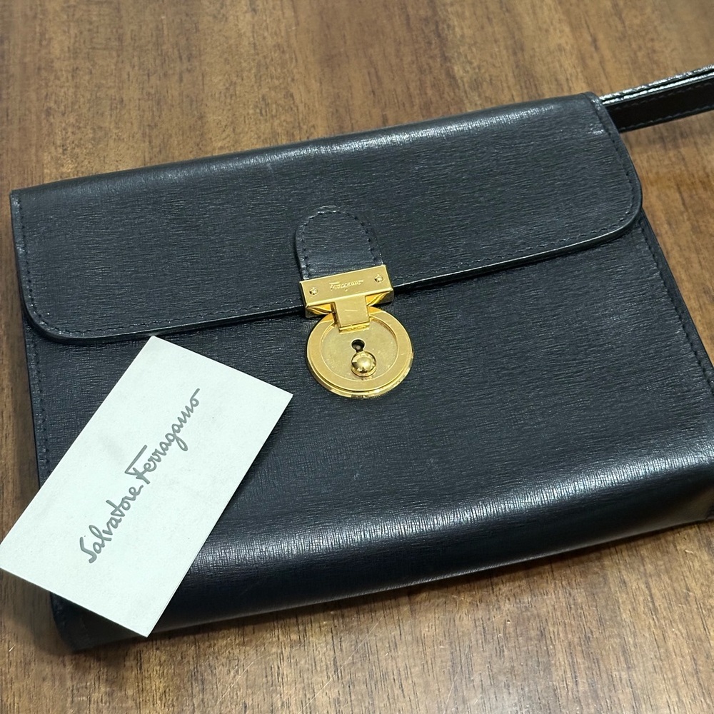 Salvatore Ferragamo Black Leather Clutch Hand Bag
